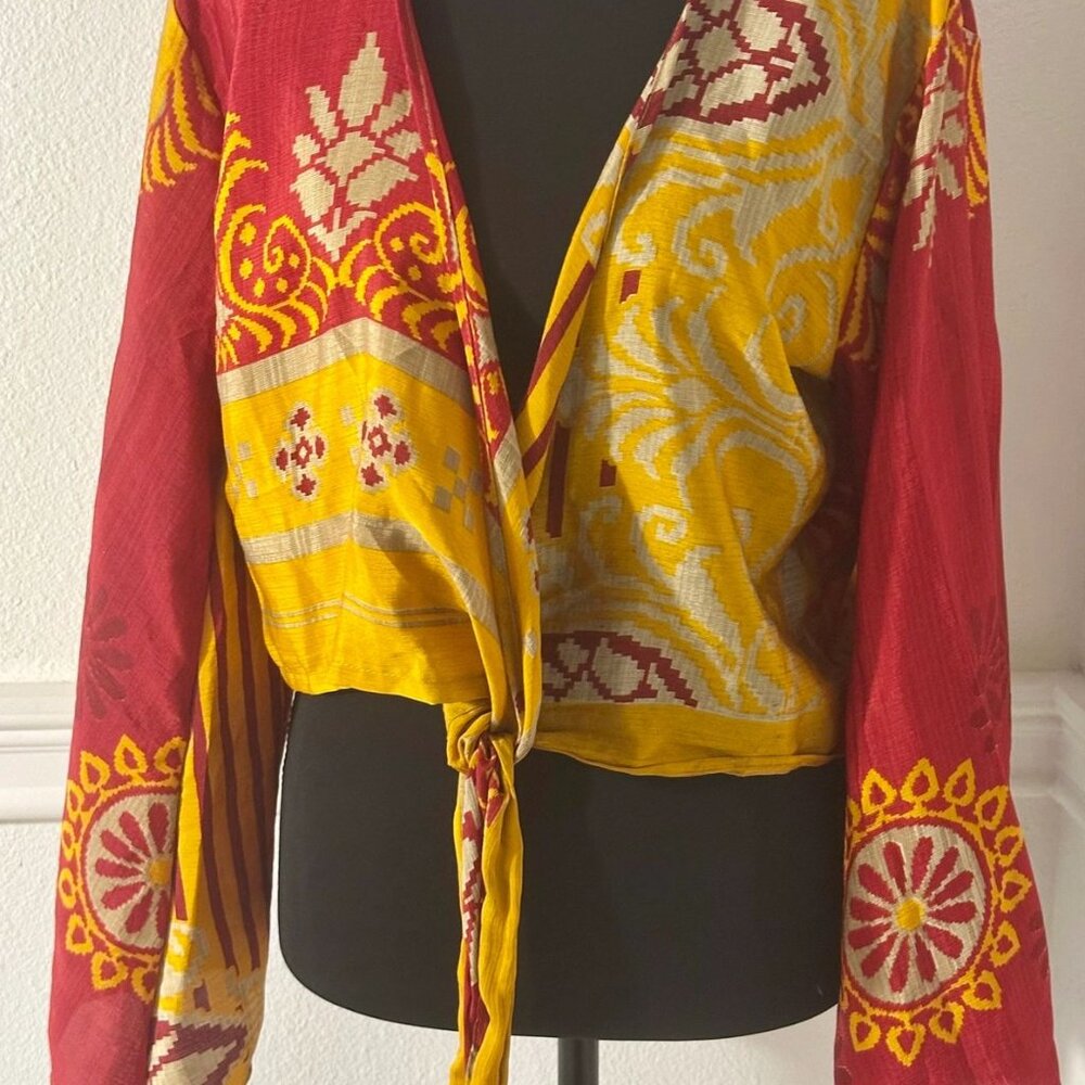 Marigold Muse Vintage Silk Sari Artisan Tie- Front Kimono Top